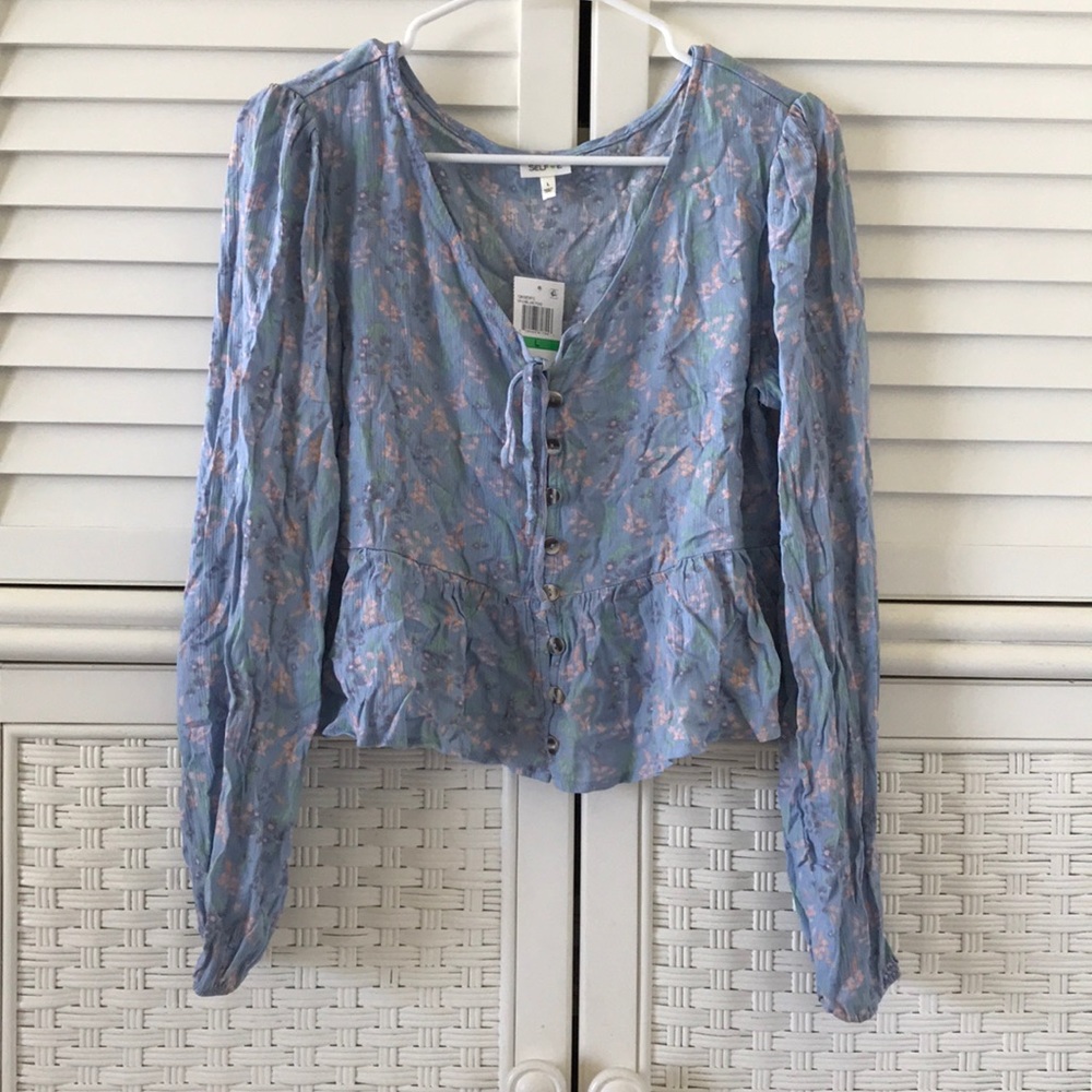 Selfe blue fog boho top large button front NWT